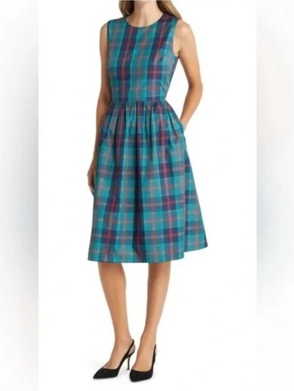 Nordstrom Teal Plaid Sleeveless Midi Dress